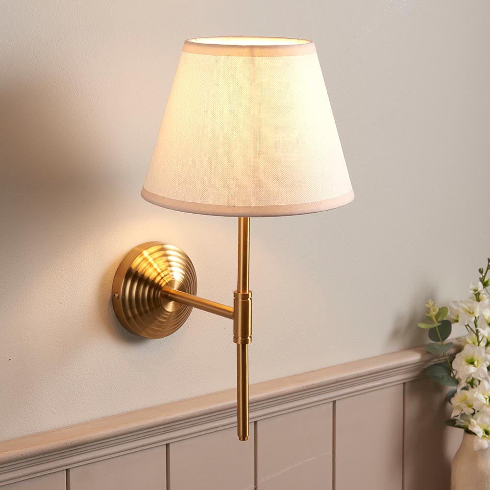 Oceanside Vintage White Fabric Wall Light In Brushed Aged Brass